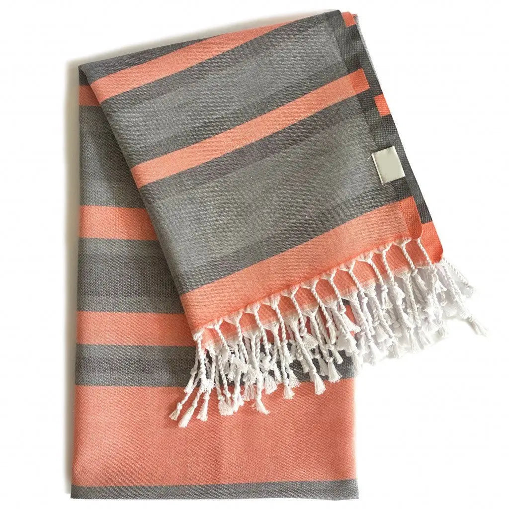 Peach and Dark Grey Striped Design Turkish Beach Blanket - NOBLE HOME INTERIORS