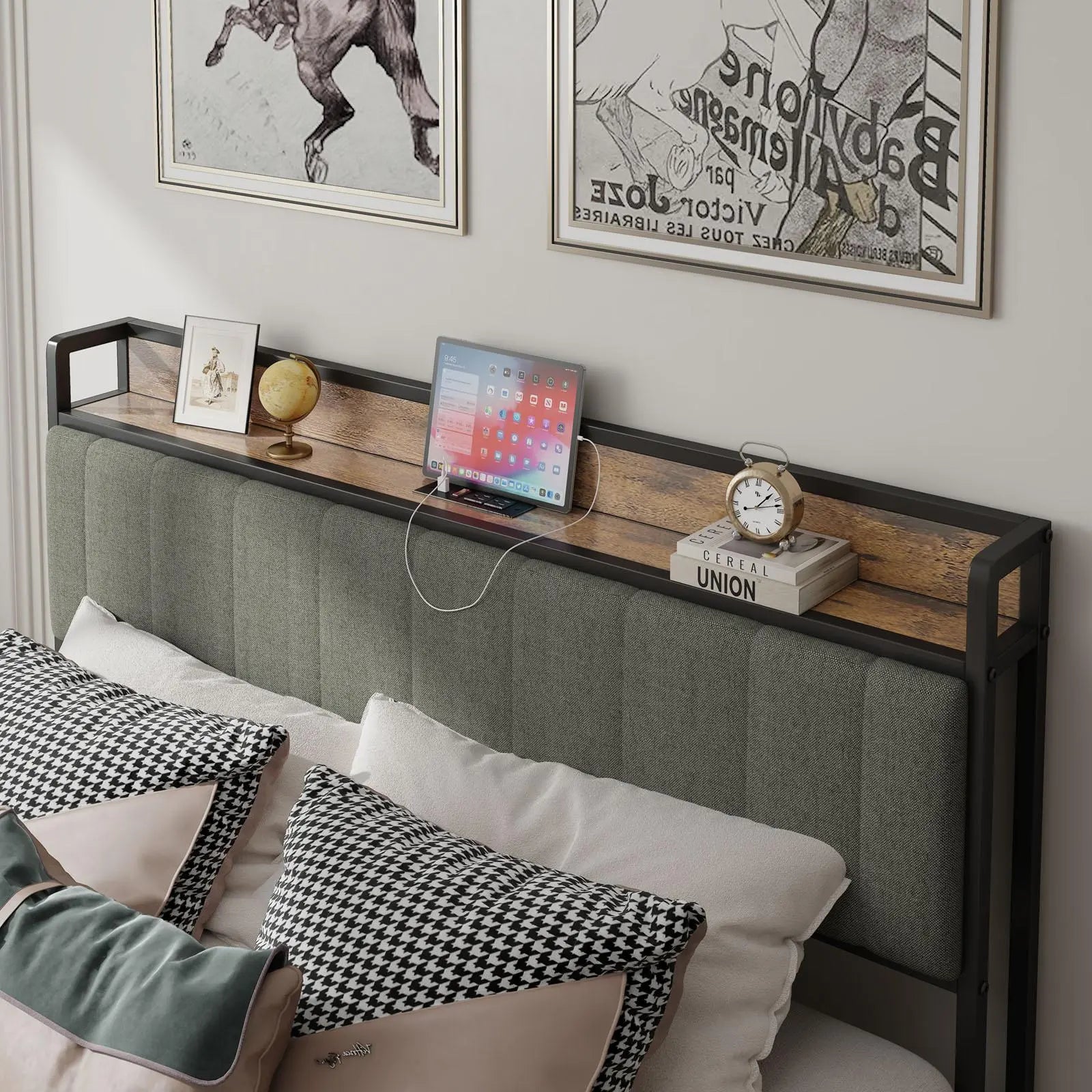 Queen - Size，Full metal bed frame with charging port at the head of the bed. - NOVA - HOME - FURNITURE