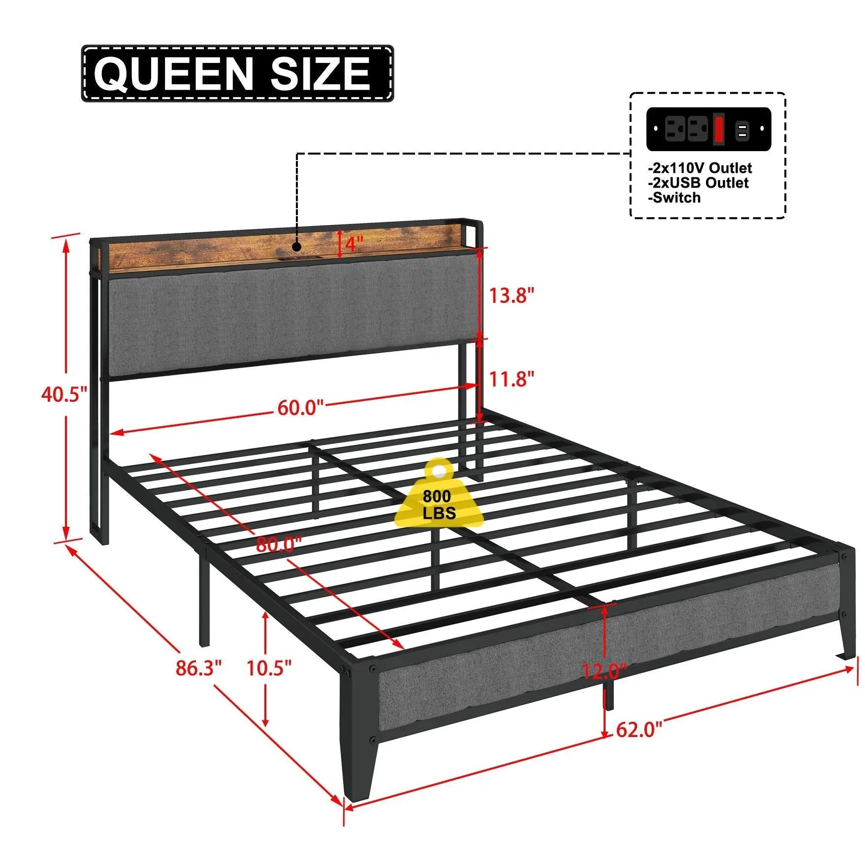 Queen - Size，Full metal bed frame with charging port at the head of the bed. - NOVA - HOME - FURNITURE