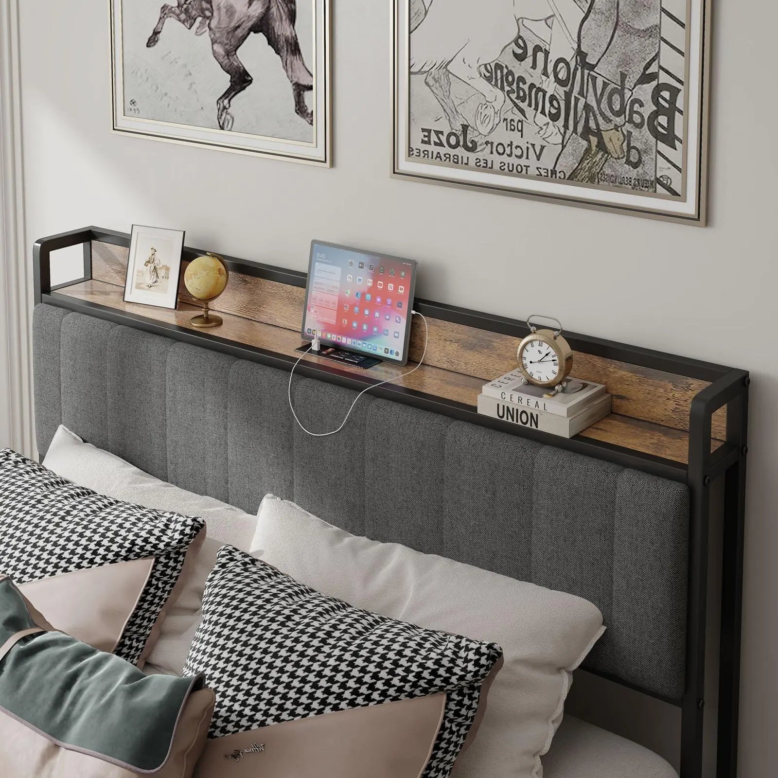 Queen - Size，Full metal bed frame with charging port at the head of the bed. - NOVA - HOME - FURNITURE