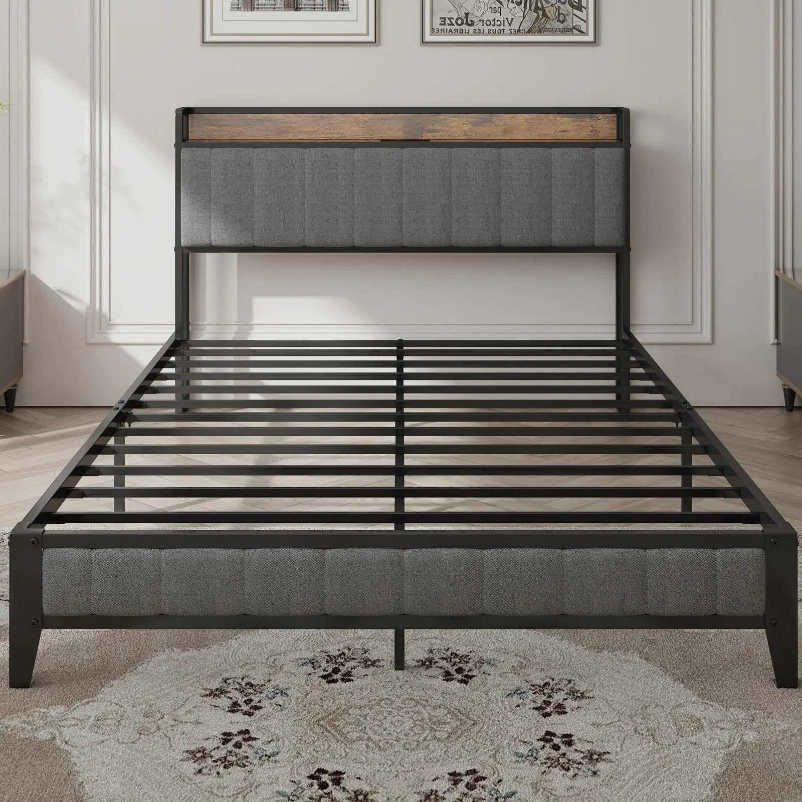 Queen - Size，Full metal bed frame with charging port at the head of the bed. - NOVA - HOME - FURNITURE