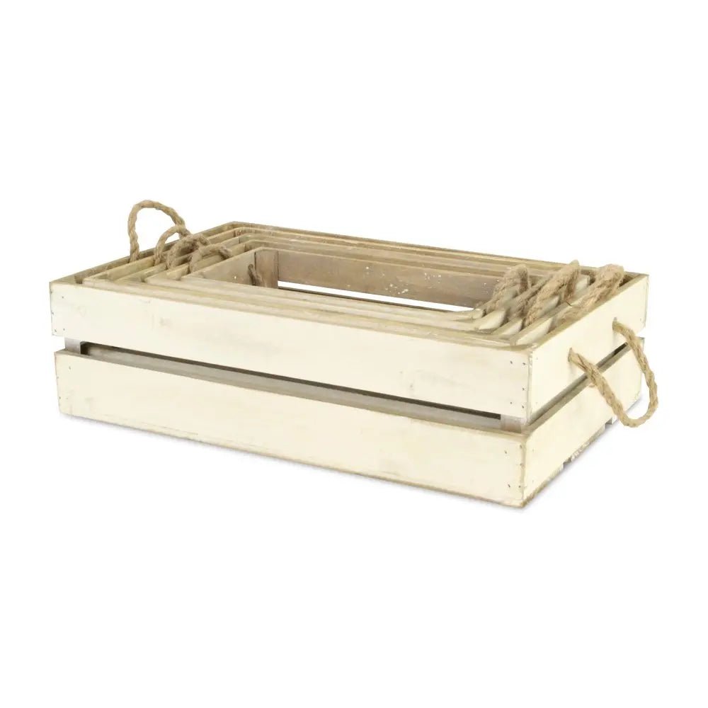 Set of Five Antiqued White Solid Wood Crate - NOBLE HOME INTERIORS