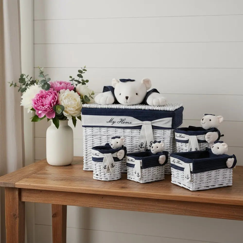 Set of Five Blue And White Rattan Basket - NOBLE HOME INTERIORS