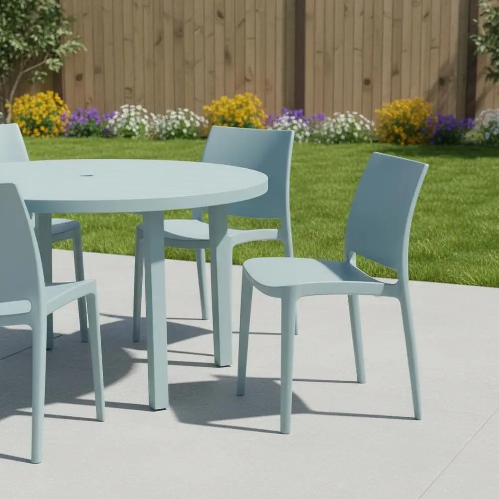 Set of Four Baby Blue Heavy Duty Plastic Outdoor Stacking Dining Chairs - NOBLE HOME INTERIORS