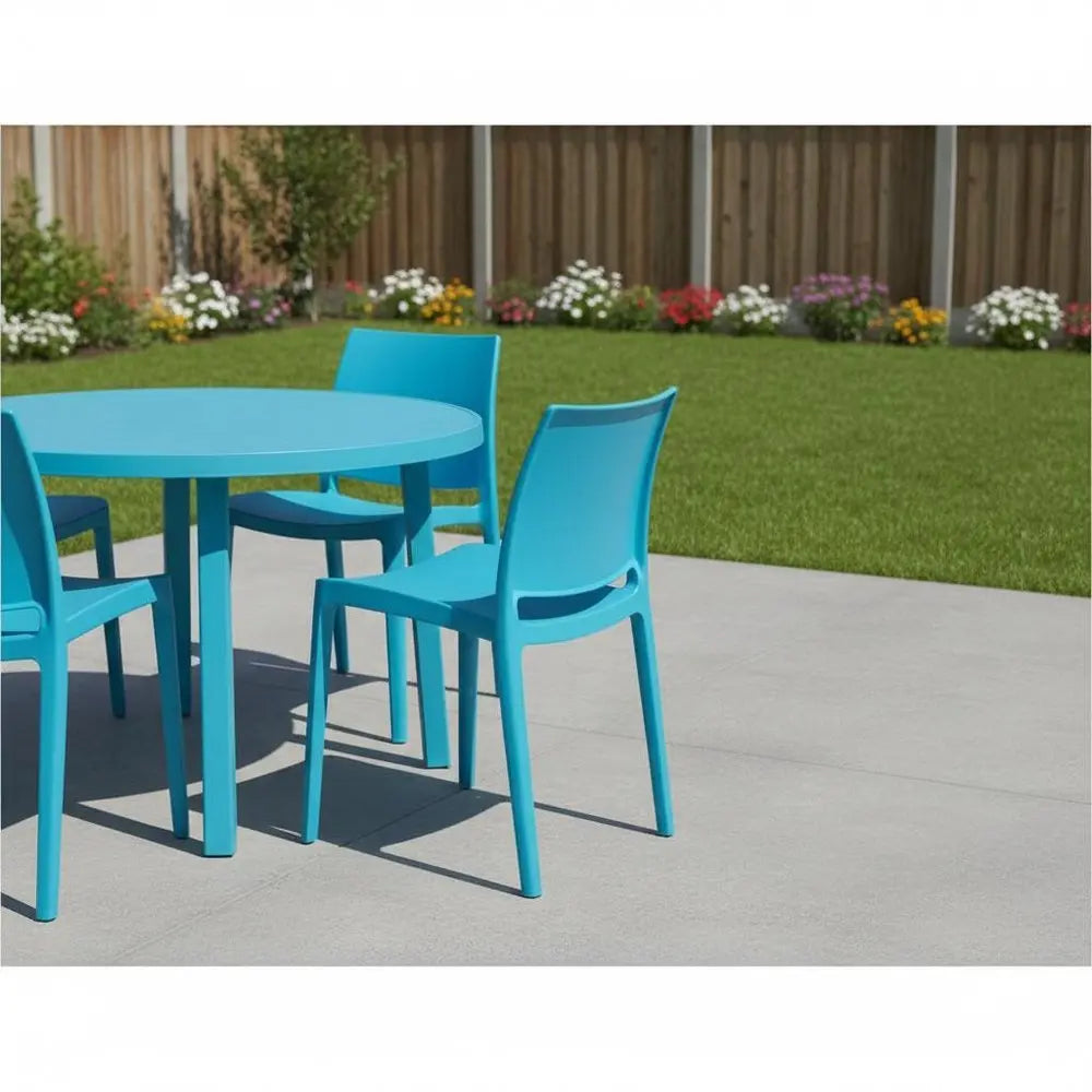 Set of Four Blue Heavy Duty Plastic Outdoor Stacking Dining Chairs - NOBLE HOME INTERIORS