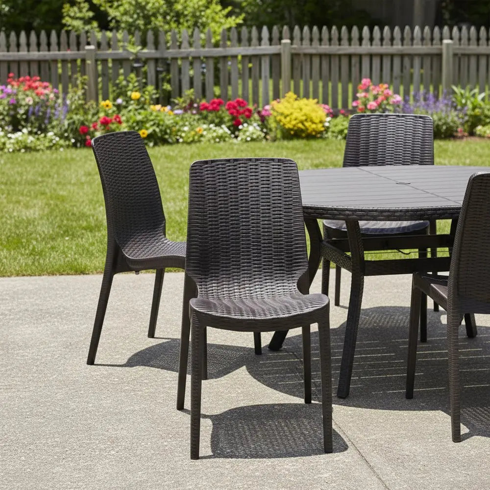 Set of Four Brown Heavy Duty Plastic Outdoor Stacking Dining Chairs - NOBLE HOME INTERIORS
