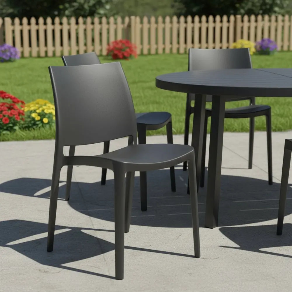 Set of Four Dark Gray Heavy Duty Plastic Outdoor Stacking Dining Chairs - NOBLE HOME INTERIORS