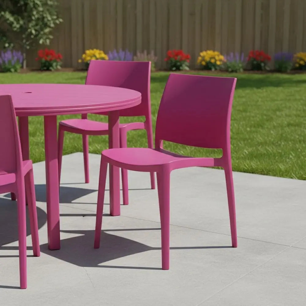 Set of Four Fuchsia Heavy Duty Plastic Outdoor Stacking Dining Chairs - NOBLE HOME INTERIORS