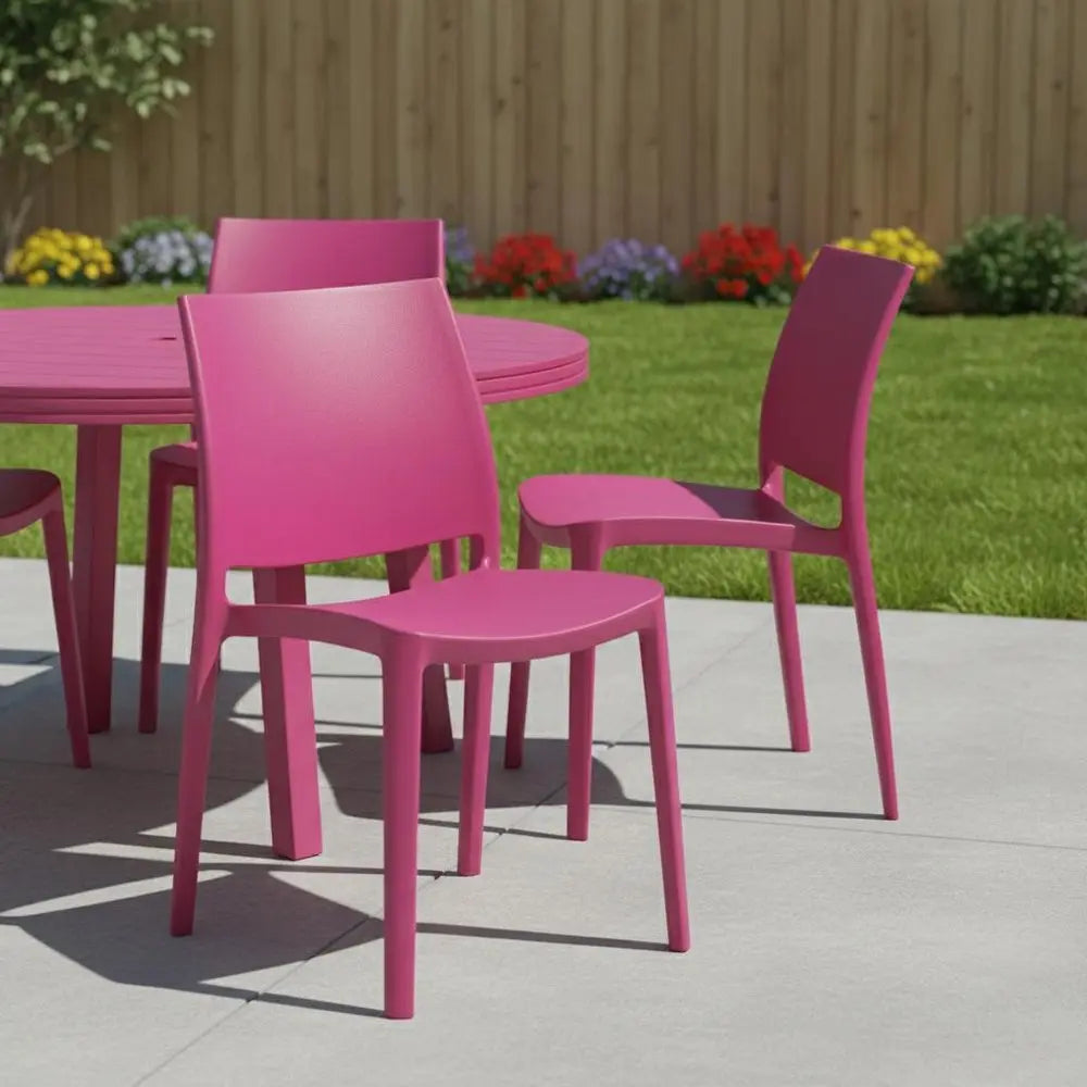 Set of Four Fuchsia Heavy Duty Plastic Outdoor Stacking Dining Chairs - NOBLE HOME INTERIORS