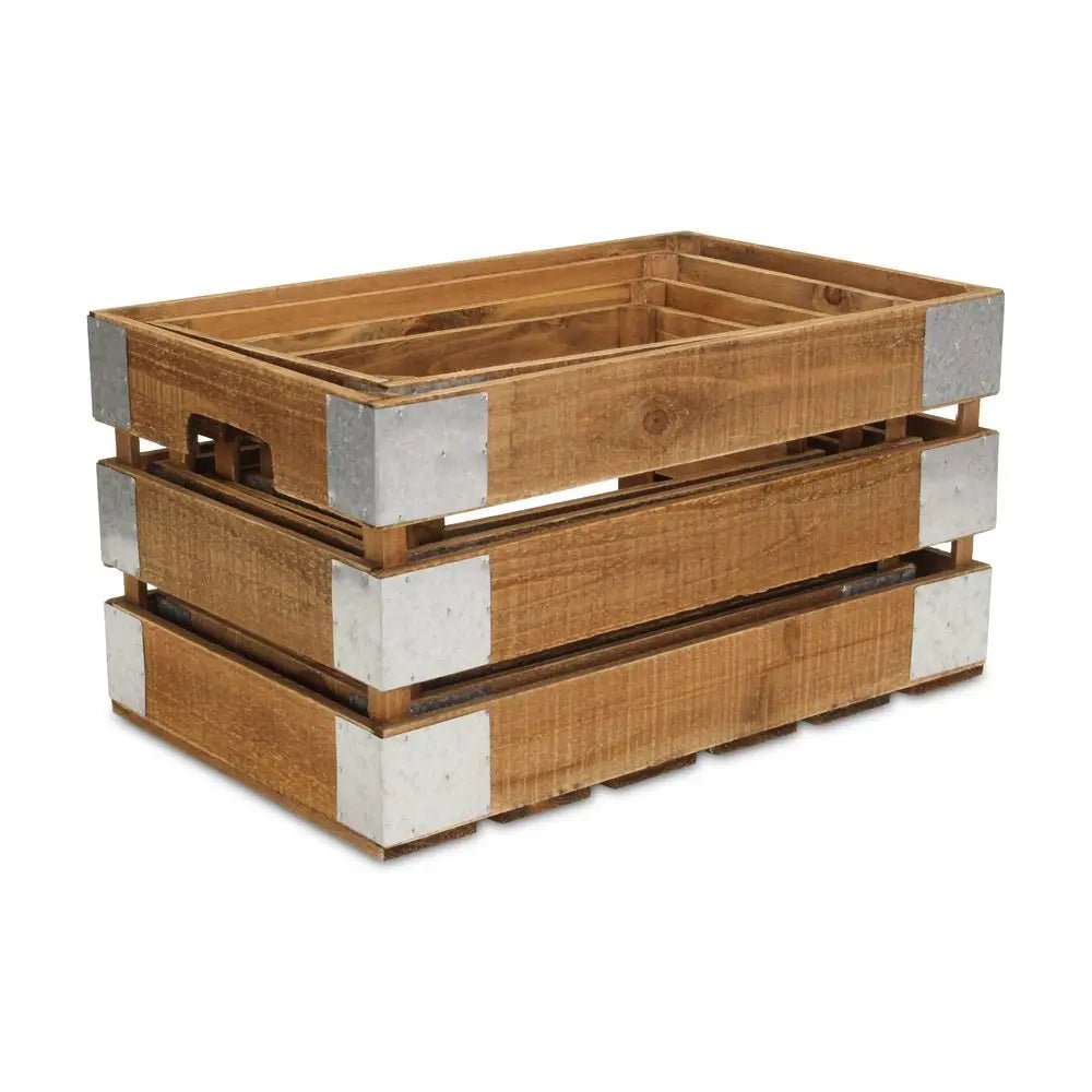 Set of Four Natural Solid Wood And Metal Crate - NOBLE HOME INTERIORS