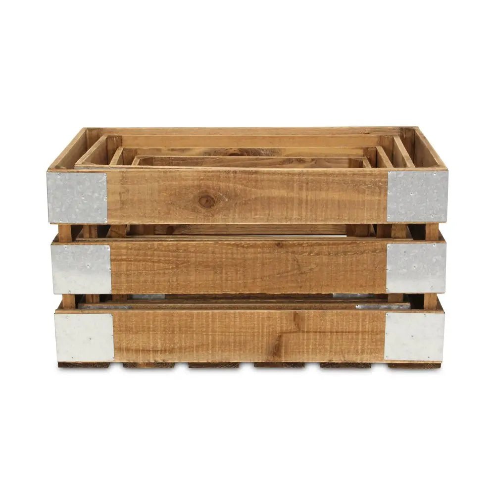 Set of Four Natural Solid Wood And Metal Crate - NOBLE HOME INTERIORS