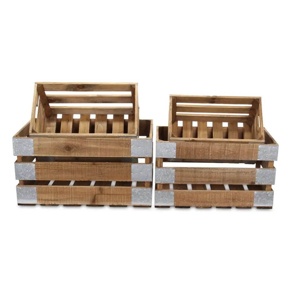 Set of Four Natural Solid Wood And Metal Crate - NOBLE HOME INTERIORS