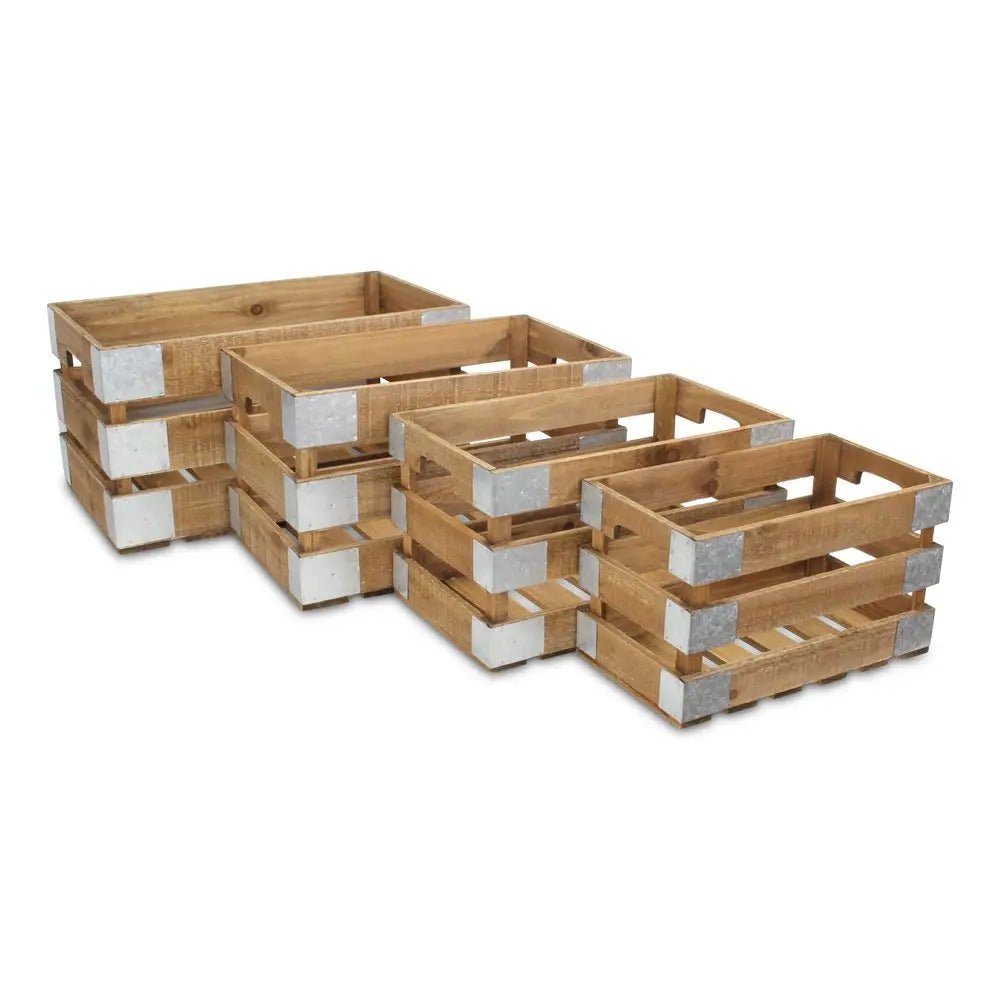 Set of Four Natural Solid Wood And Metal Crate - NOBLE HOME INTERIORS