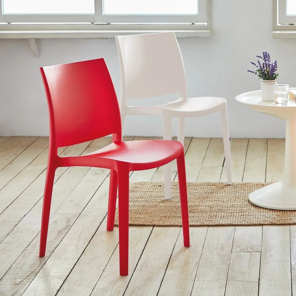 Set of Four Red Heavy Duty Plastic Outdoor Stacking Dining Chairs - NOBLE HOME INTERIORS