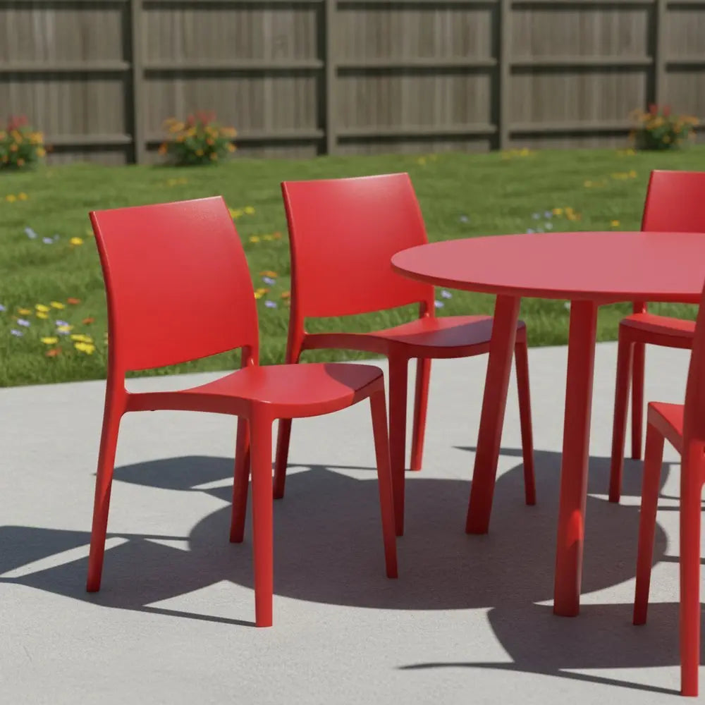 Set of Four Red Heavy Duty Plastic Outdoor Stacking Dining Chairs - NOBLE HOME INTERIORS
