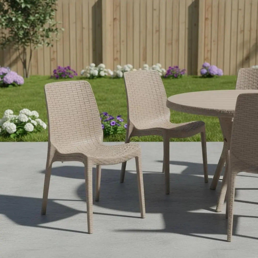 Set of Four Taupe Heavy Duty Plastic Outdoor Stacking Dining Chairs - NOBLE HOME INTERIORS