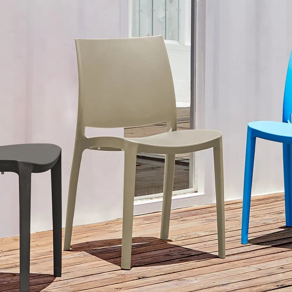 Set of Four Taupe Heavy Duty Plastic Outdoor Stacking Dining Chairs - NOBLE HOME INTERIORS