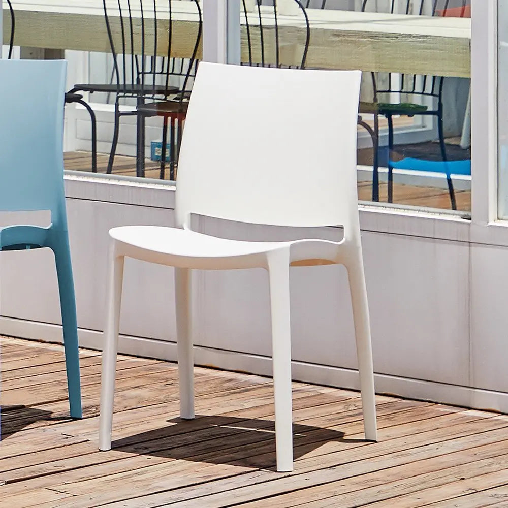 Set of Four White Heavy Duty Plastic Outdoor Stacking Dining Chairs - NOBLE HOME INTERIORS