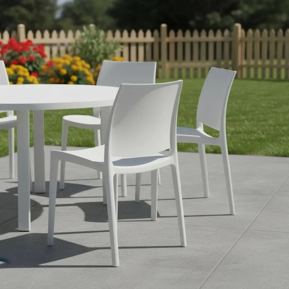 Set of Four White Heavy Duty Plastic Outdoor Stacking Dining Chairs - NOBLE HOME INTERIORS