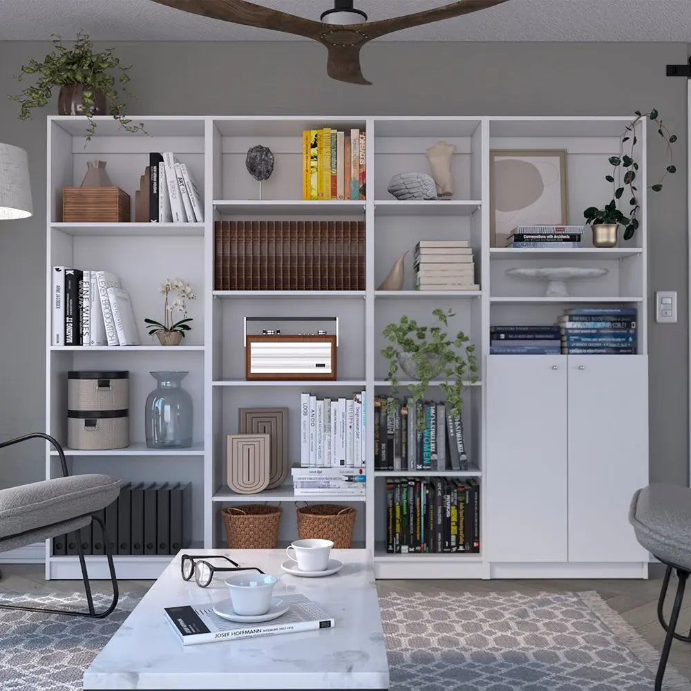 Set of Four White Wood Seventeen Tier Modular Bookcase with Two Doors - NOBLE HOME INTERIORS