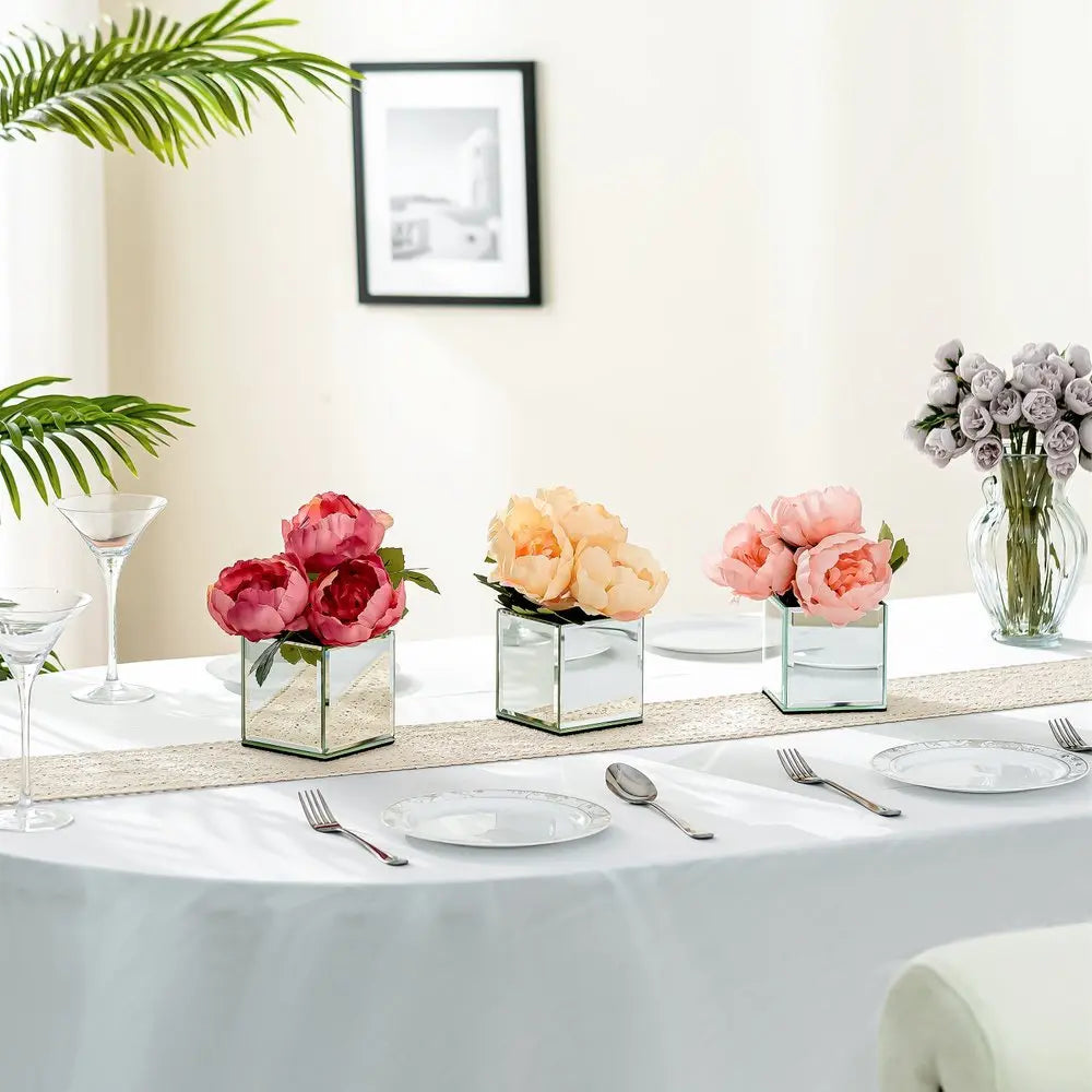 Set of Six Silver Mirrored Glass Square Table Vases - NOBLE HOME INTERIORS