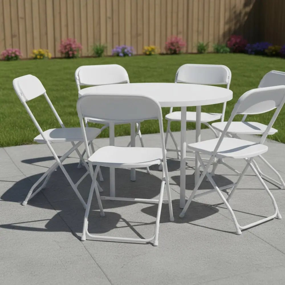 Set of Six White Metal Outdoor Folding Stacking Dining Chairs - NOBLE HOME INTERIORS