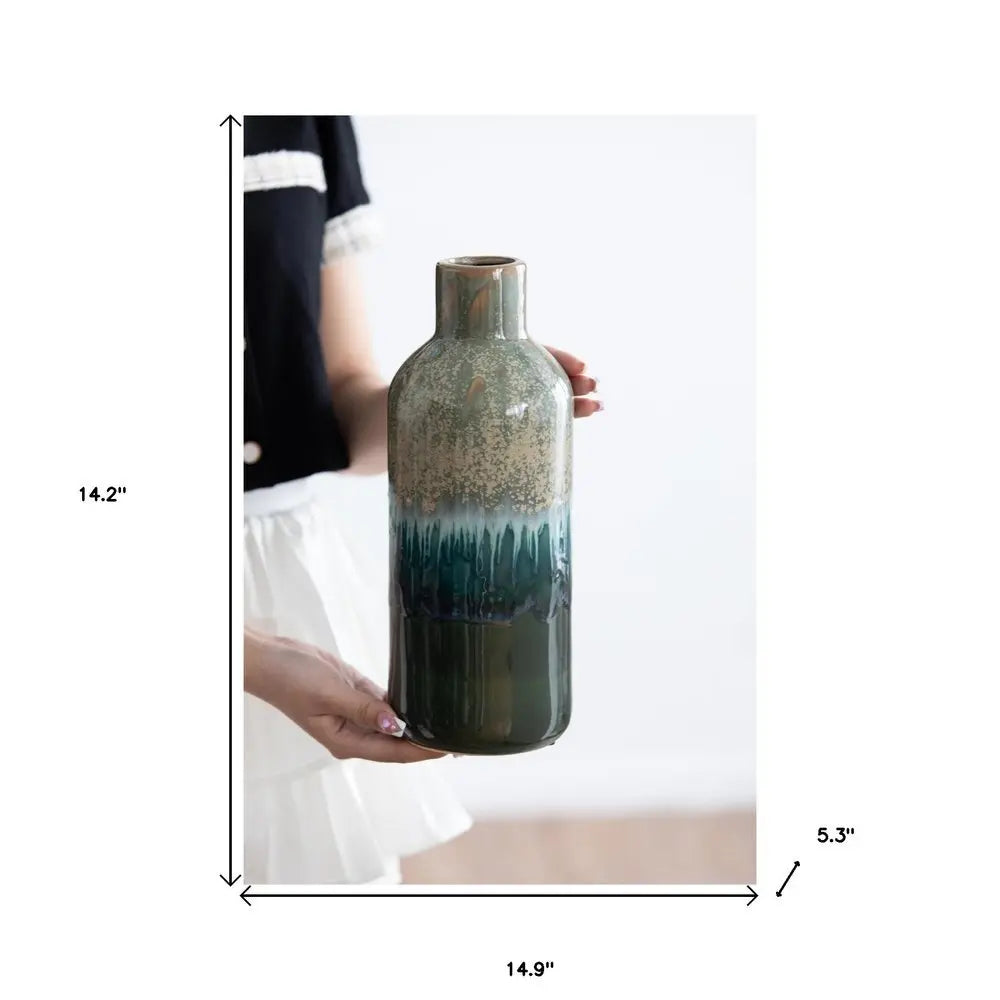 Set of Three Beige Blue And Green Round Ceramic Table Vase - NOBLE HOME INTERIORS