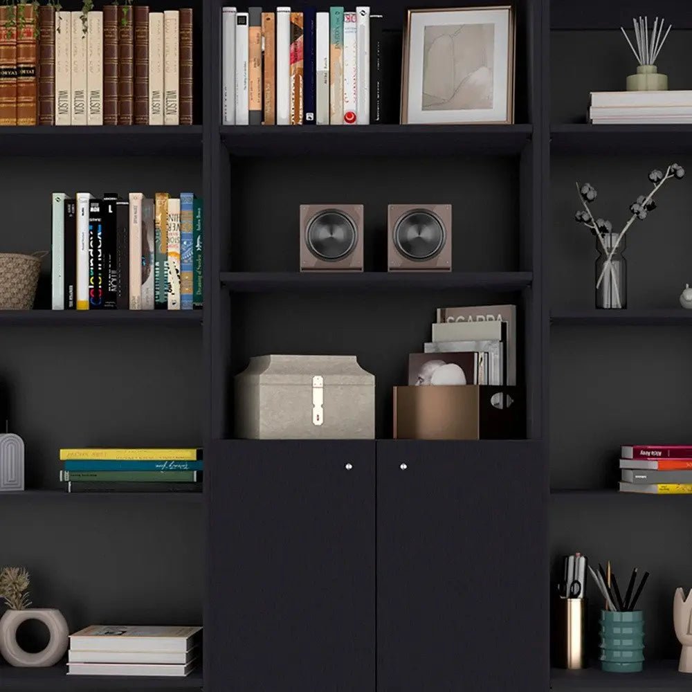 Set of Three Black Five Tier Bookcase with Two Doors - NOBLE HOME INTERIORS