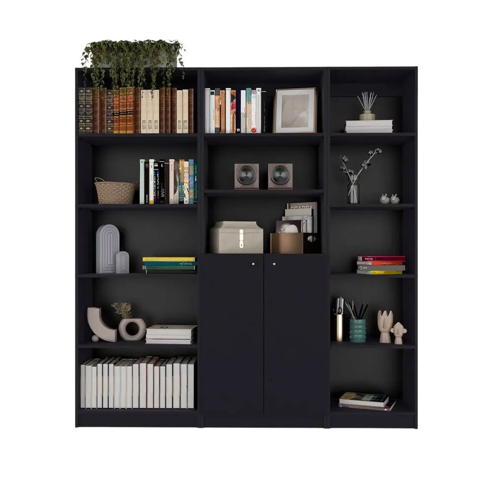 Set of Three Black Five Tier Bookcase with Two Doors - NOBLE HOME INTERIORS