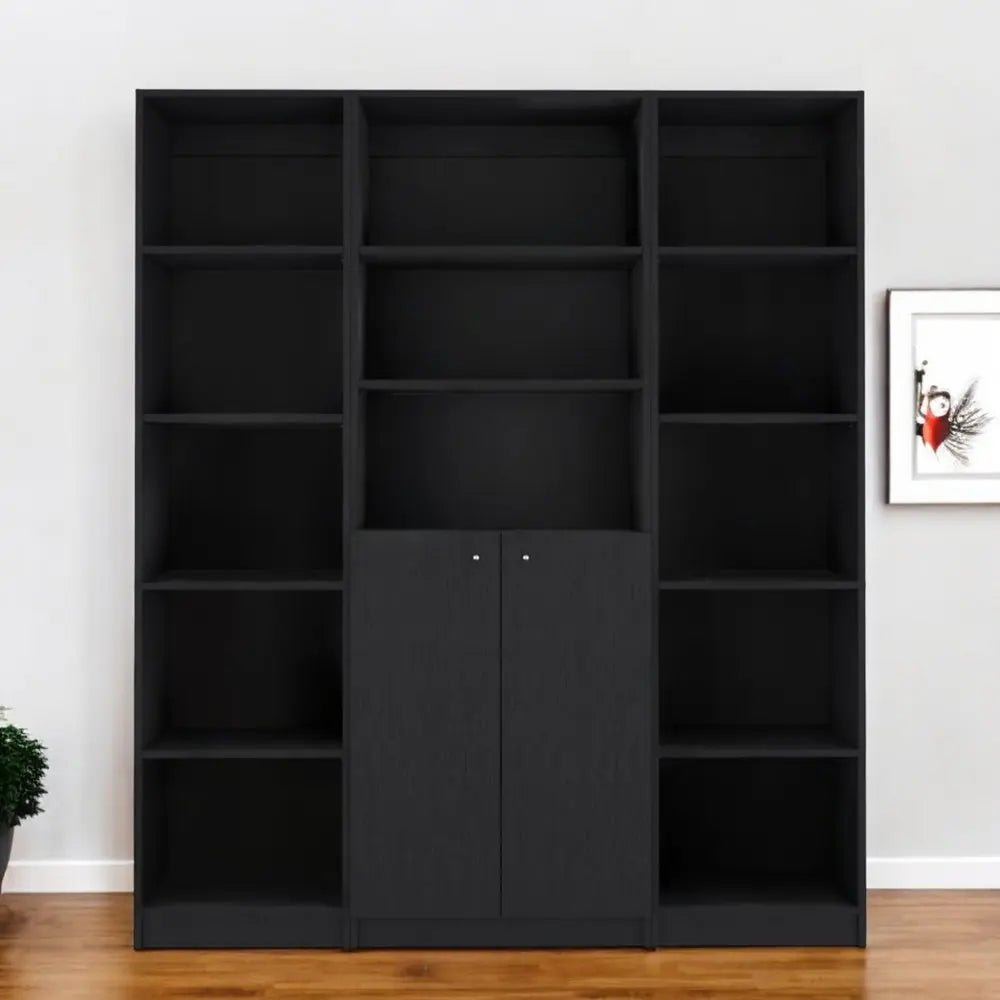 Set of Three Black Five Tier Bookcases with Two Doors - NOBLE HOME INTERIORS
