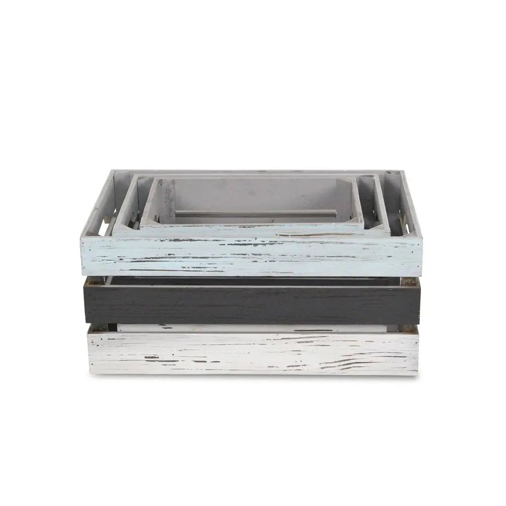 Set of Three Black Light Blue And Off White Solid Wood Crate - NOBLE HOME INTERIORS
