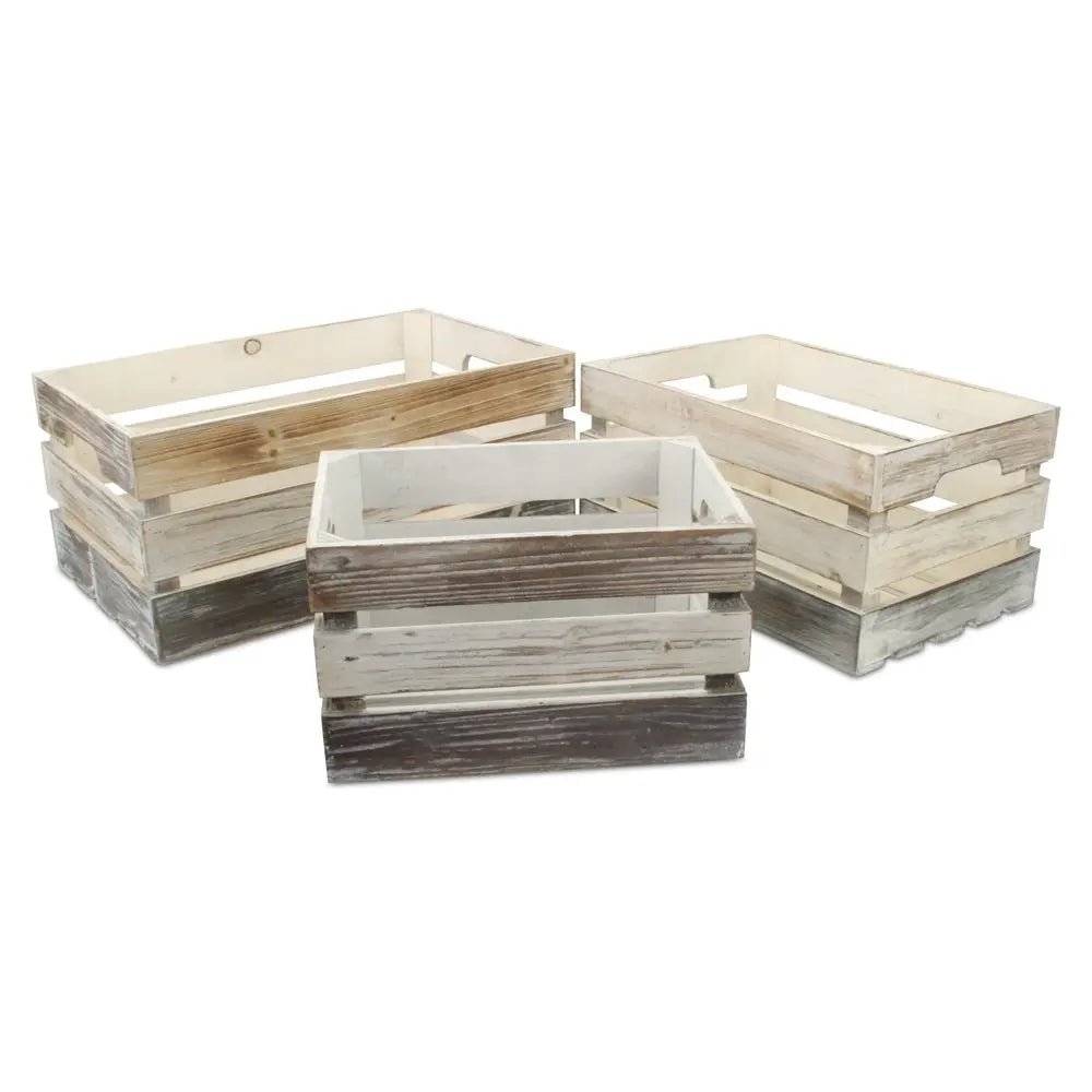Set of Three Black Off White And Walnut Solid Wood Crate - NOBLE HOME INTERIORS