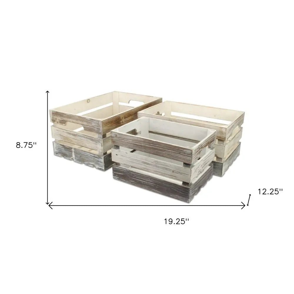 Set of Three Black Off White And Walnut Solid Wood Crate - NOBLE HOME INTERIORS