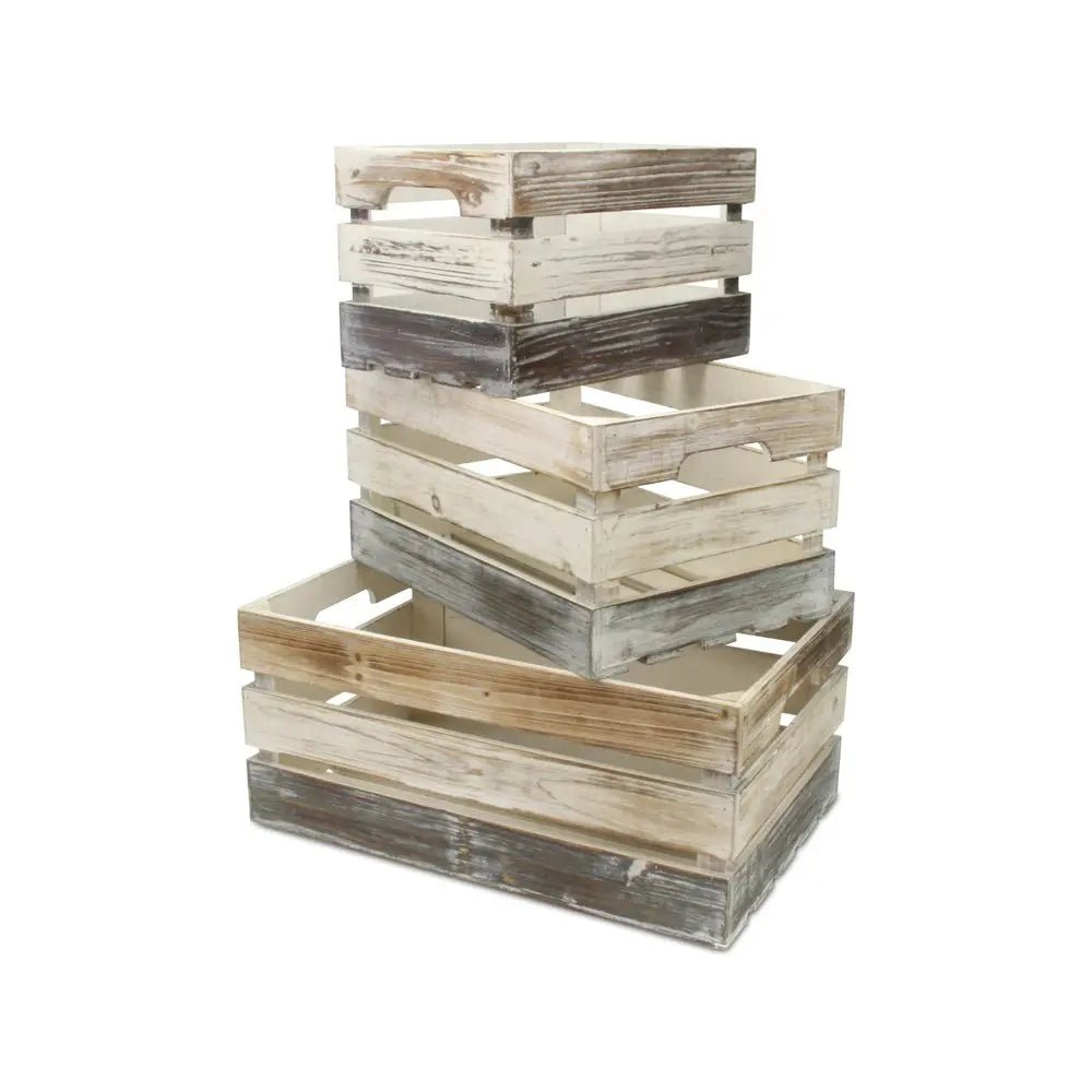 Set of Three Black Off White And Walnut Solid Wood Crate - NOBLE HOME INTERIORS