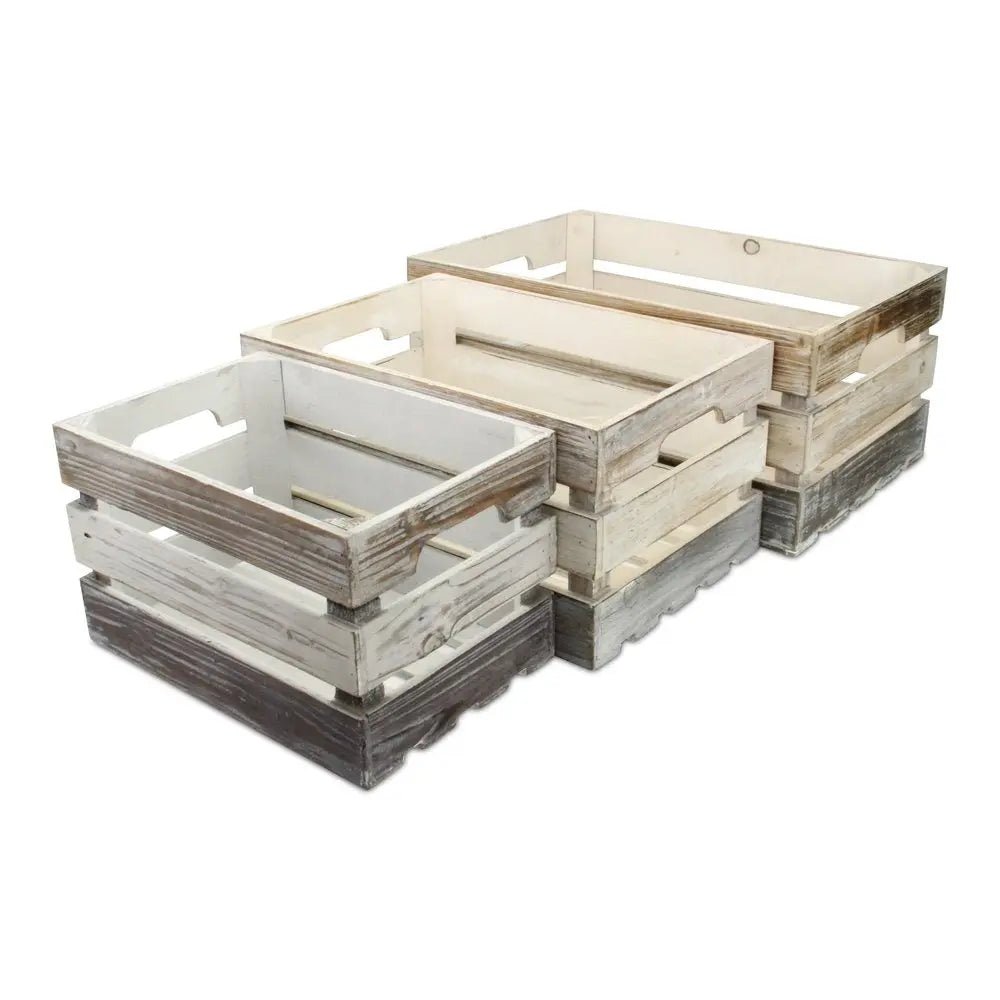 Set of Three Black Off White And Walnut Solid Wood Crate - NOBLE HOME INTERIORS