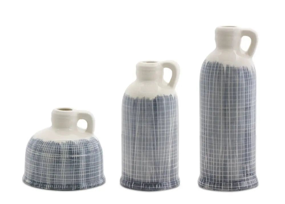 Set of Three Blue And White Checkered Round Clay Table Vase - NOBLE HOME INTERIORS