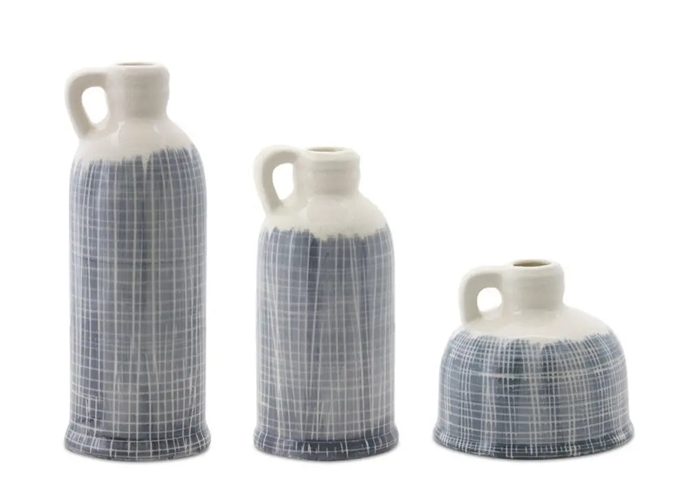 Set of Three Blue And White Checkered Round Clay Table Vase - NOBLE HOME INTERIORS