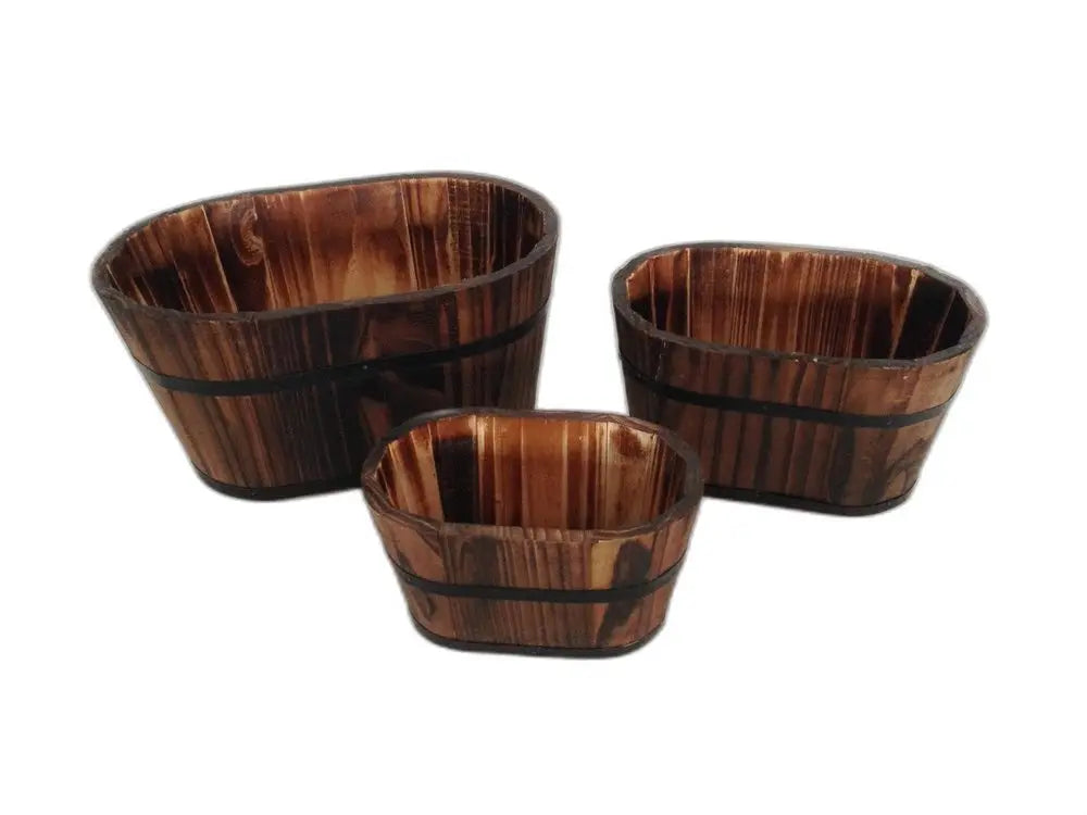 Set of Three Brown Solid Wood Rectangular Pot Planter - NOBLE HOME INTERIORS