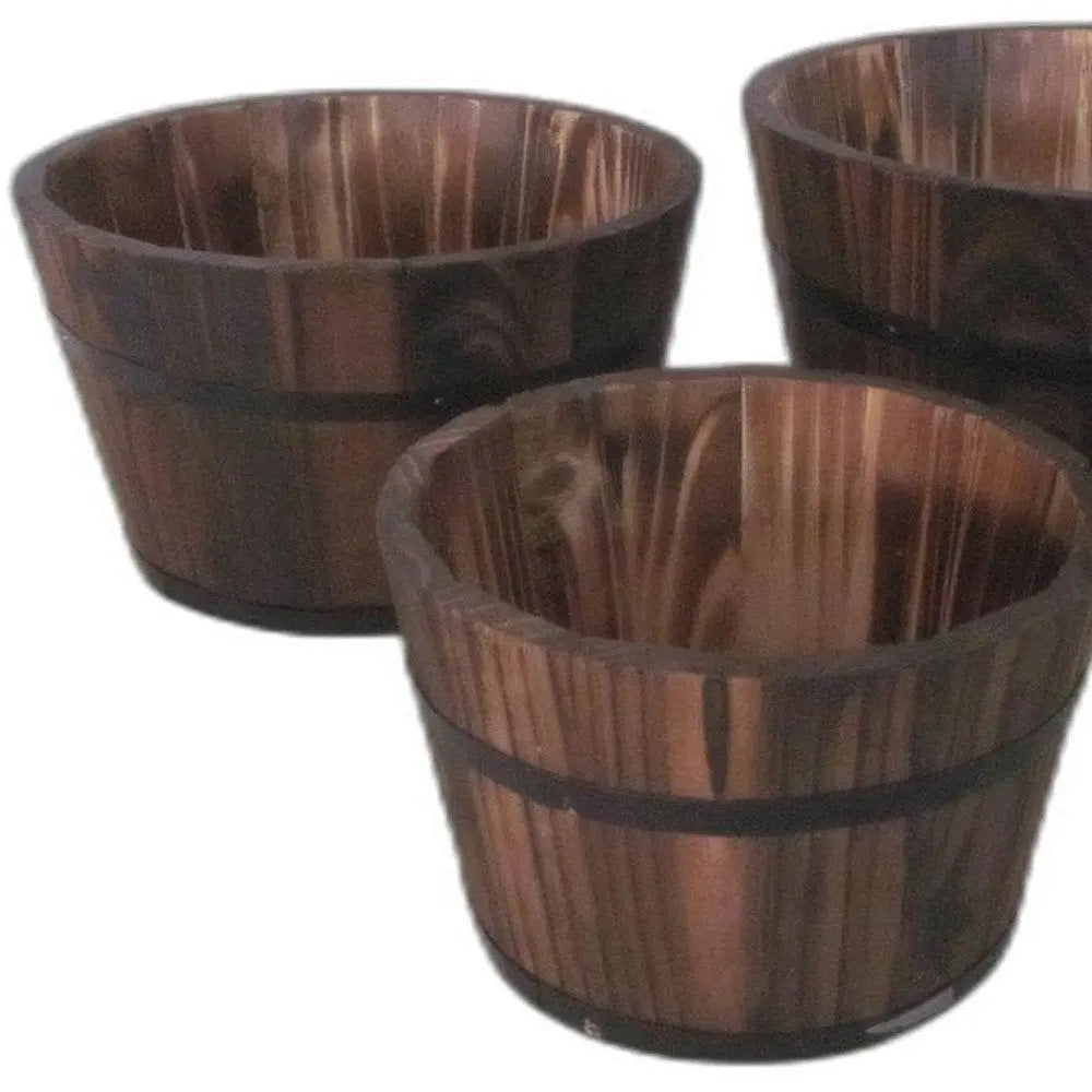 Set of Three Brown Solid Wood Round Pot Planter - NOBLE HOME INTERIORS