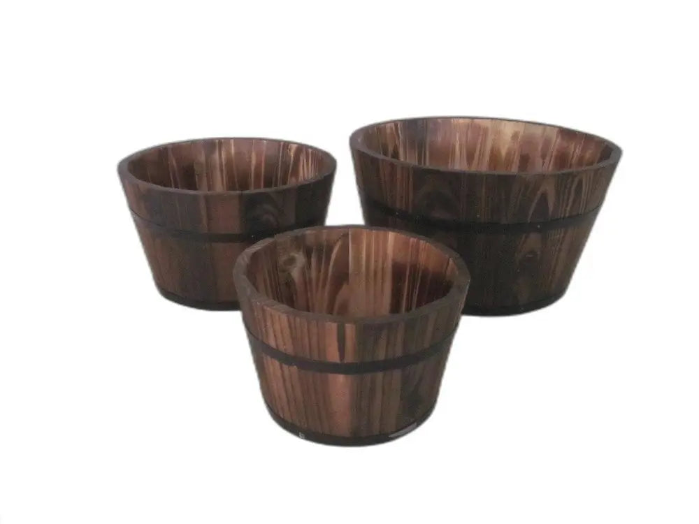 Set of Three Brown Solid Wood Round Pot Planter - NOBLE HOME INTERIORS