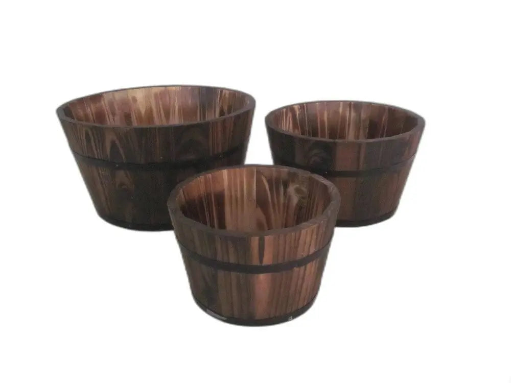 Set of Three Brown Solid Wood Round Pot Planter - NOBLE HOME INTERIORS