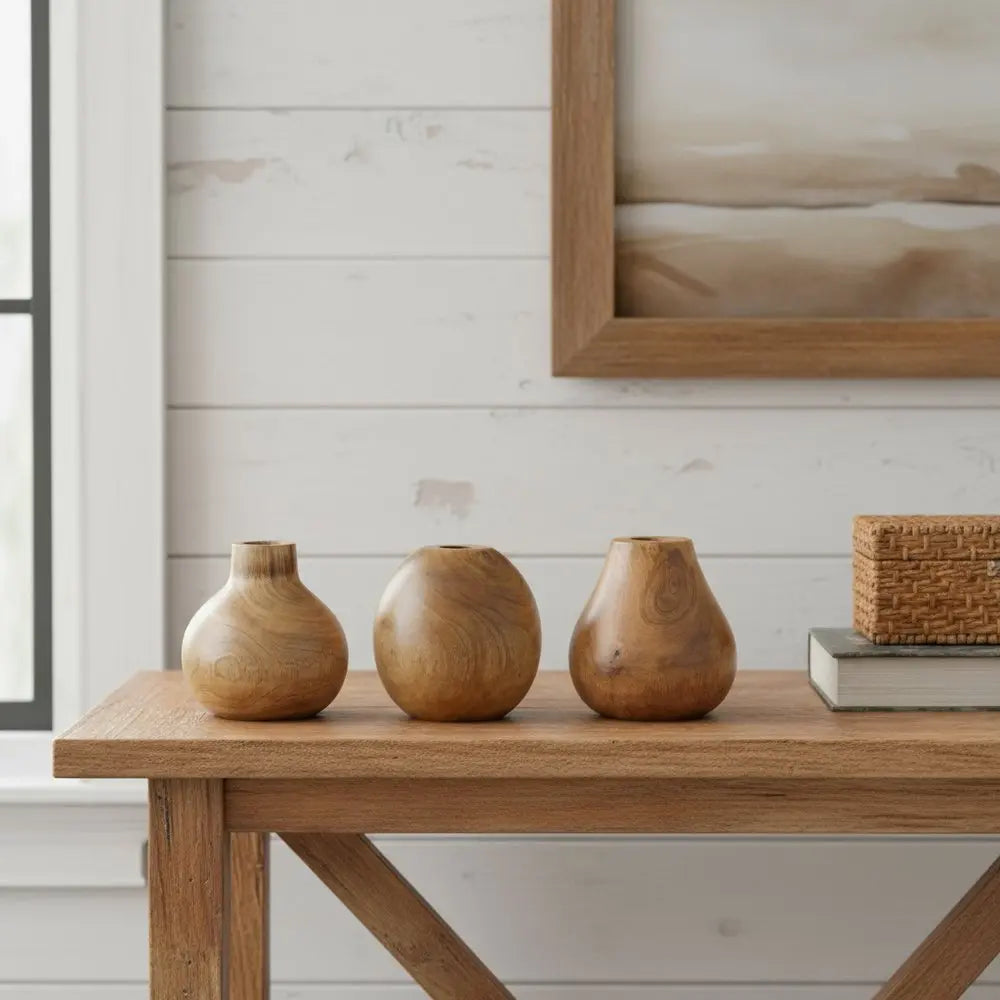 Set of Three Brown Wood Table Vase - NOBLE HOME INTERIORS