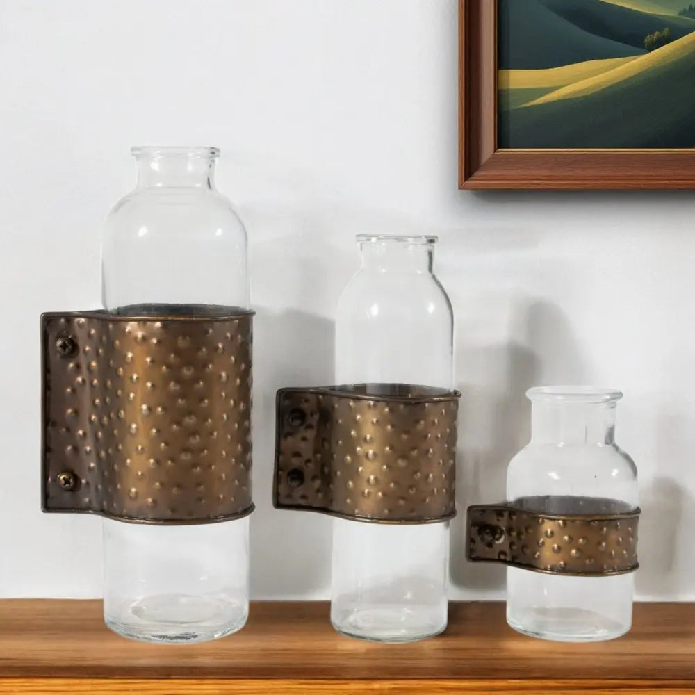 Set of Three Clear and Bronze Hammered Cylinder Metal and Glass Table Vase - NOBLE HOME INTERIORS
