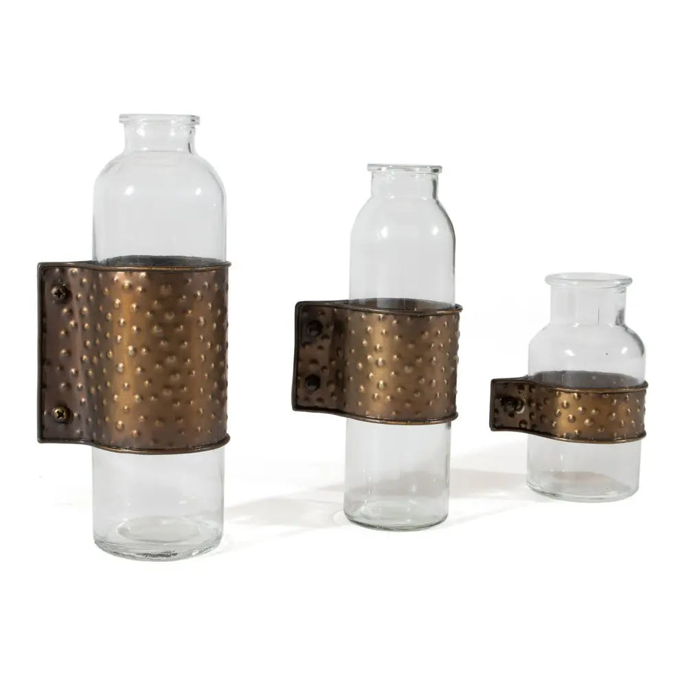 Set of Three Clear and Bronze Hammered Cylinder Metal and Glass Table Vase - NOBLE HOME INTERIORS