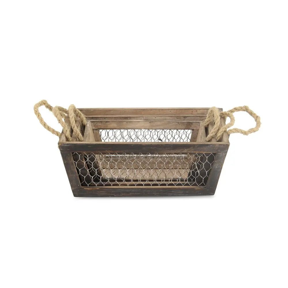 Set of Three Dark Brown Solid Wood And Metal Crate - NOBLE HOME INTERIORS