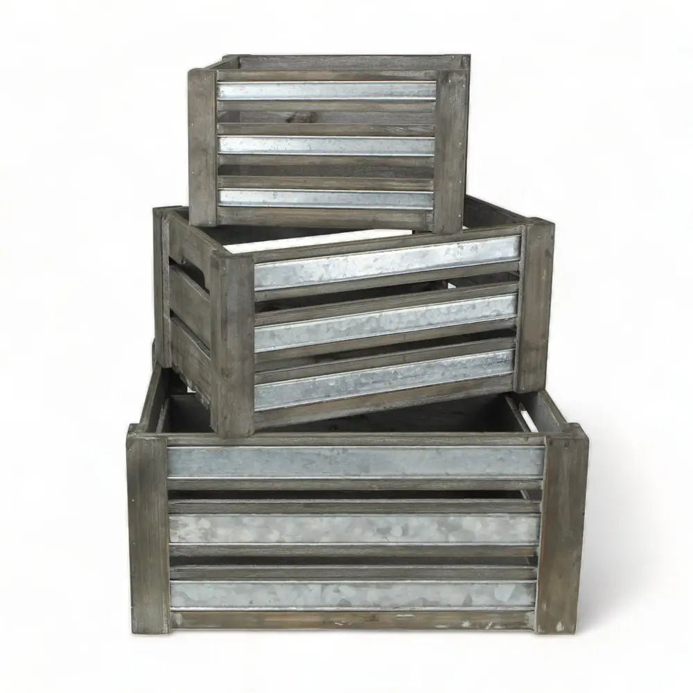 Set of Three Gray Solid Wood And Metal Crate - NOBLE HOME INTERIORS