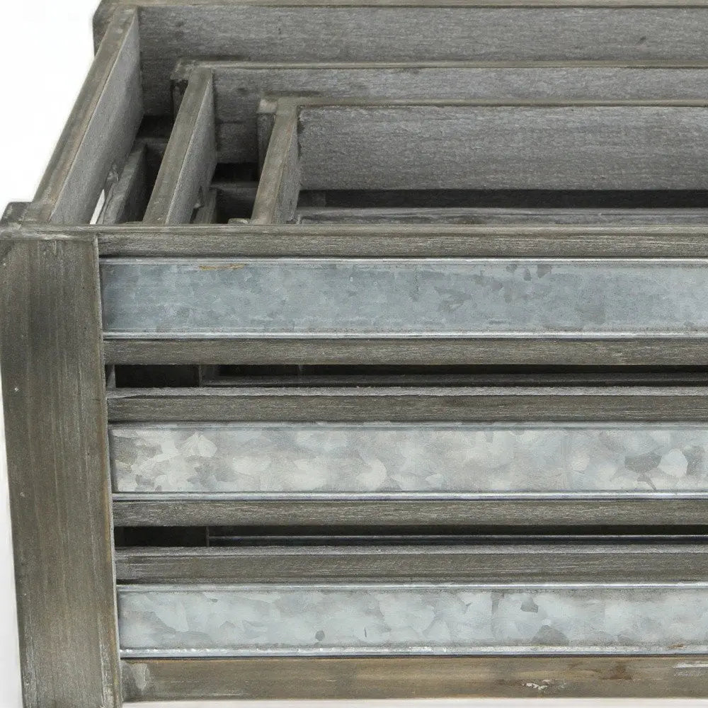 Set of Three Gray Solid Wood And Metal Crate - NOBLE HOME INTERIORS