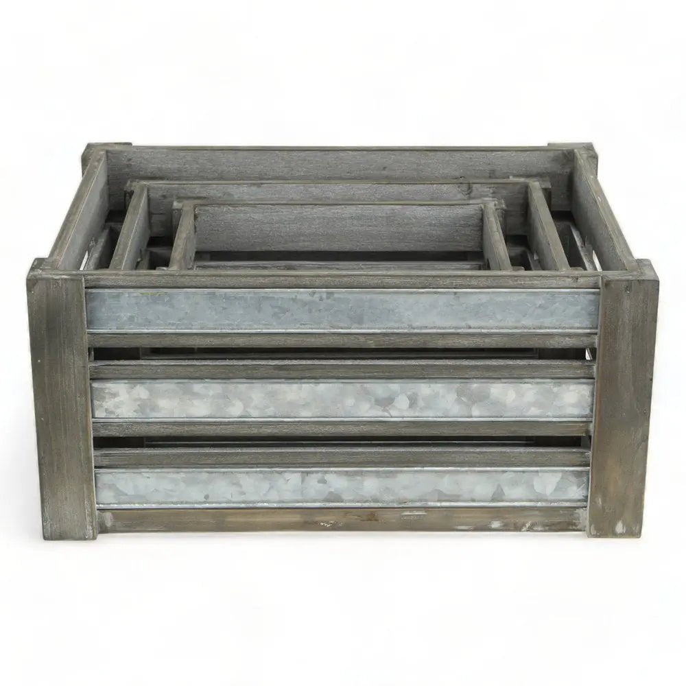 Set of Three Gray Solid Wood And Metal Crate - NOBLE HOME INTERIORS