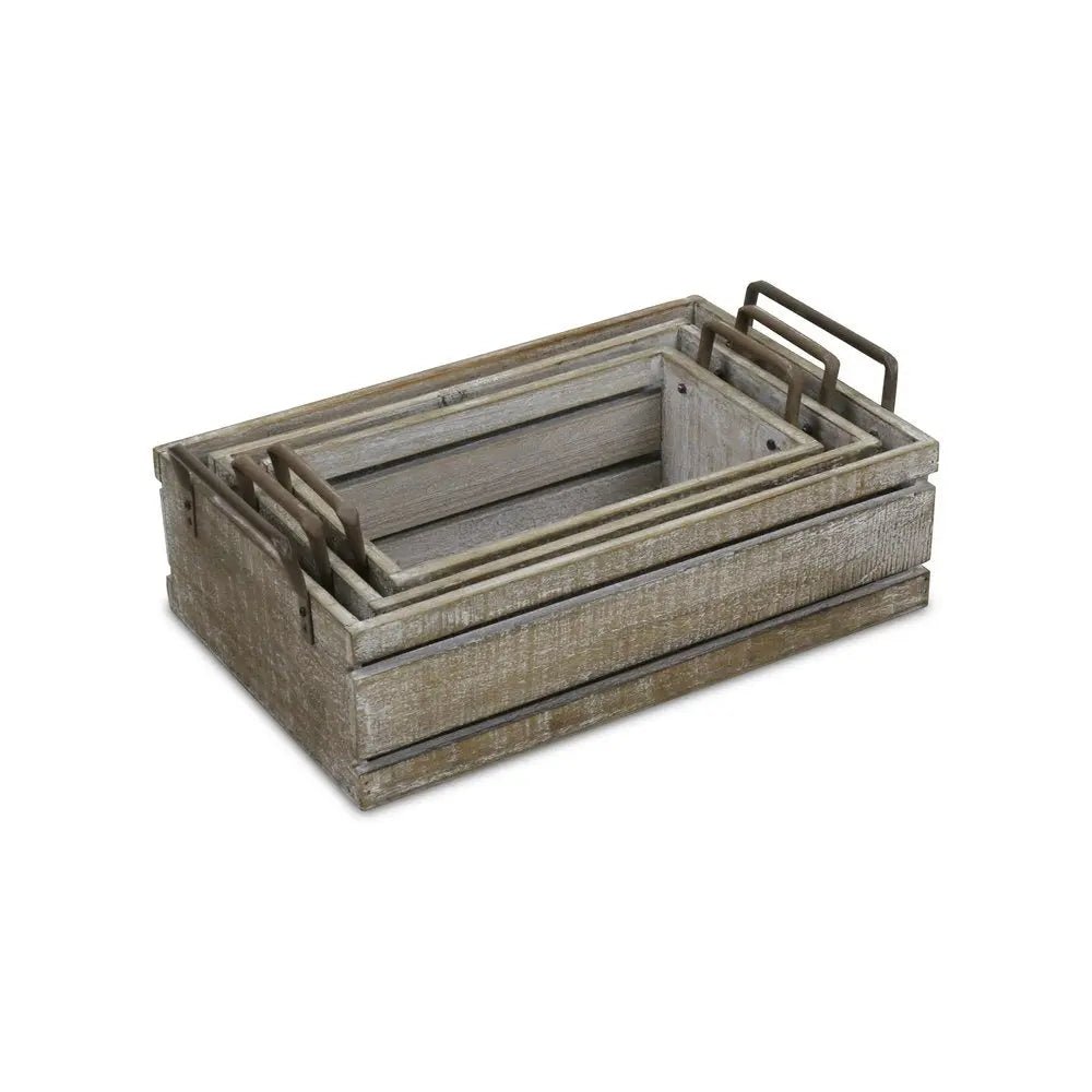 Set of Three Gray Solid Wood And Metal Crate - NOBLE HOME INTERIORS