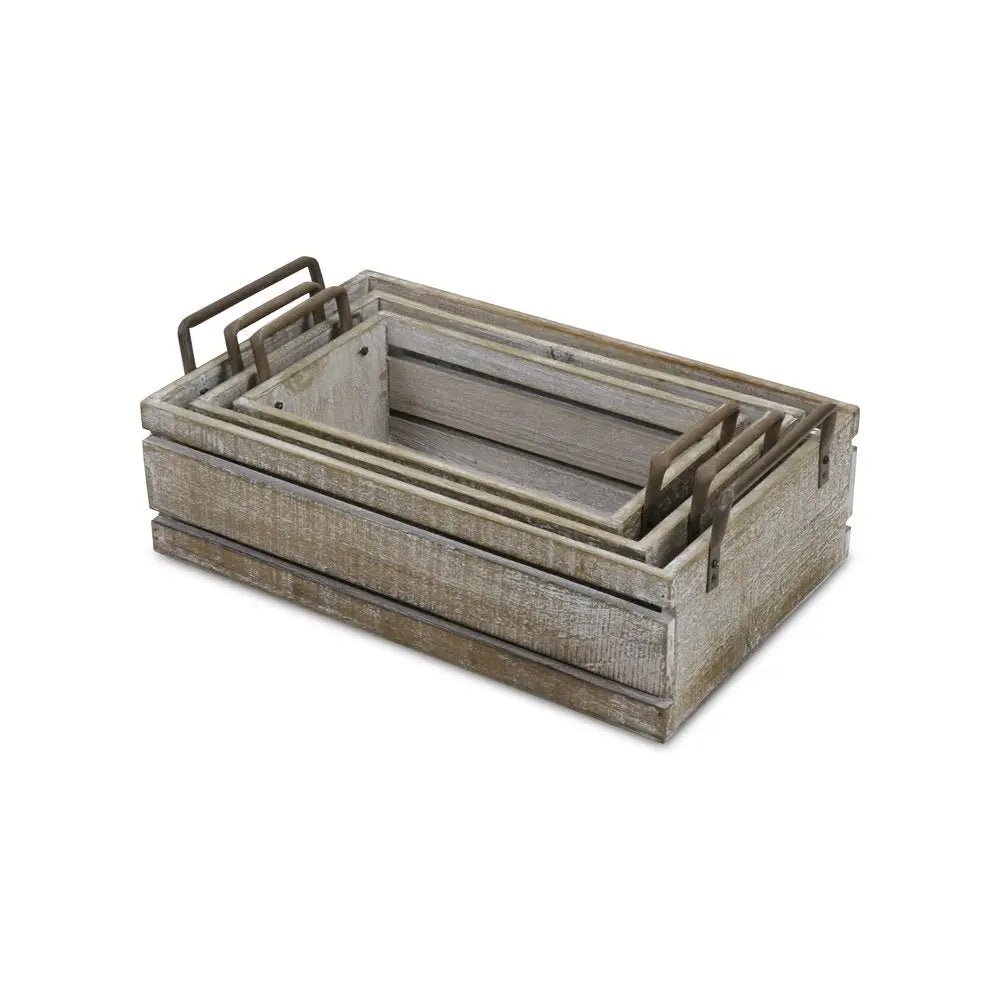 Set of Three Gray Solid Wood And Metal Crate - NOBLE HOME INTERIORS